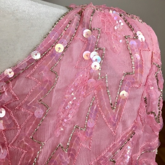 Vintage 80’s Silk Sequin Midi Shift Dress Long Sleeve Cocktail Dress - Picture 8 of 12